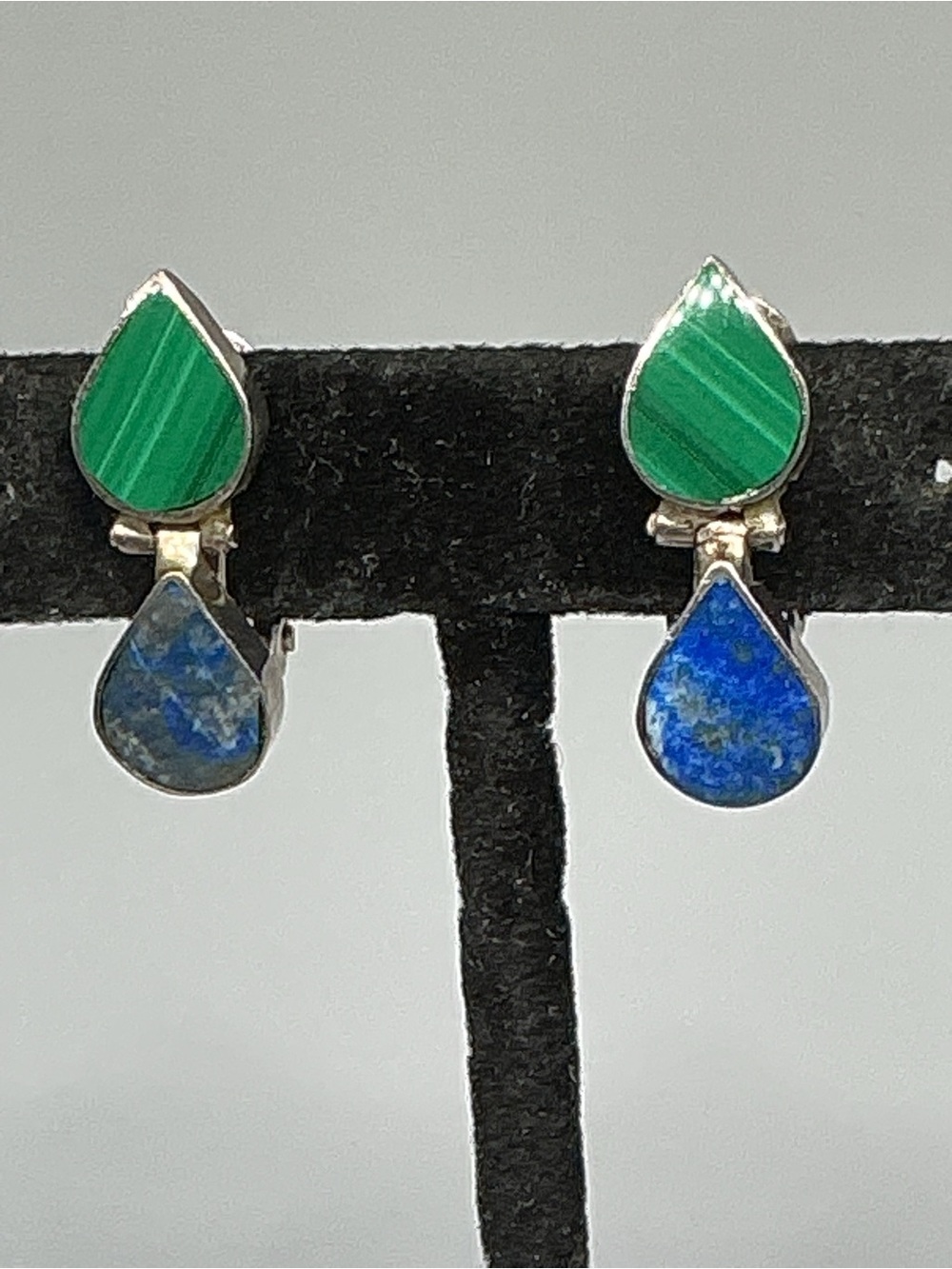 VTG Malachite Lapis 925 Clip On Earrings Teardrop Shape